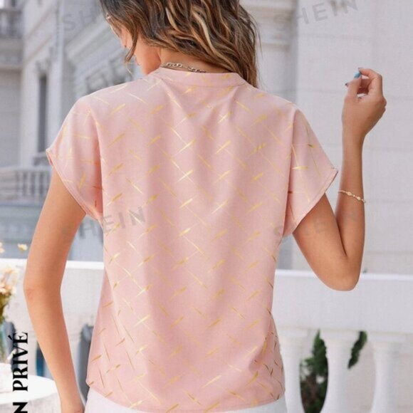 Shein Blouse womens Small Blush Pink Gold Print Short Sleeve Casual Loose Fit - Picture 2 of 12